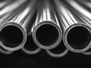 Poster - Close-Up of Polished Metal Tubes with a Reflective Surface Displaying an Industrial Aesthetic and Symmetry in a Black Background