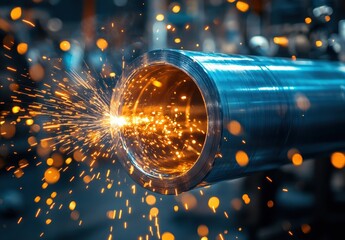 Poster - Close-Up of Sparks Shooting from Steel Pipe in Industrial Workshop Creating Beautiful Light Effects and Motion for Manufacturing and Engineering Contexts