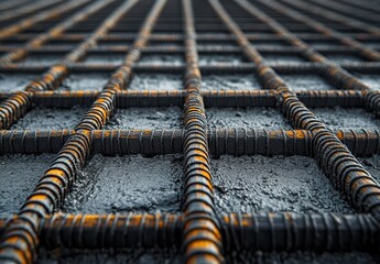 Poster - Close-up View of Industrial Steel Rebars in Construction Site Highlighting Textures and Patterns of Reinforced Concrete Structure