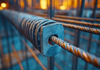 Poster - Close-Up View of Industrial Steel Reinforcement Bar, Constructed Framework, and Bold Metal Texture Displayed in Dynamic Lighting