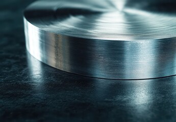 Poster - Close-Up View of Polished Metal Disc with Reflective Surface and Fine Textures on Dark Background for Industrial and Artistic Use