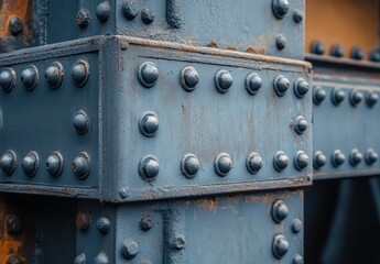 Poster - Close-up View of Rusty Blue Steel Structure with Decorative Rivets and Bolts, Perfect for Industrial and Architectural Themes