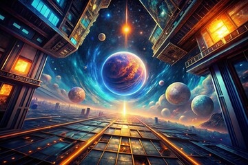 Poster - Abstract Fractal Fantasy Space Art: Orbital Planet, Nebula, Stars, Moon
