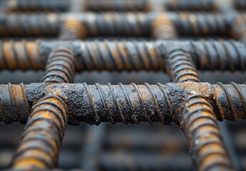Poster - Close-Up View of Rusty Steel Rebars in Construction Site, Industrial Background with Textured Iron Bars Created for Reinforcement in Building Structures