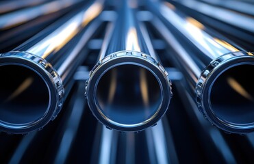 Poster - Close-up View of Shiny Metallic Pipes with Reflections and Light Patterns on a Dark Background Ideal for Industrial and Construction Themes