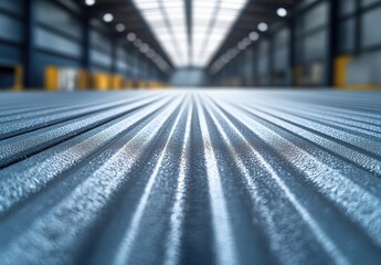 Poster - Close-Up View of Textured Metallic Surface with Parallel Grooves in Industrial Warehouse Setting Capturing Light Reflection and Depth of Field Effect