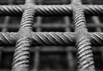 Poster - Close-Up View of Textured Steel Rebar Grid with Industrial Design Elements for Construction and Engineering Projects