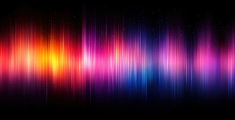 Poster - Colorful abstract sound wave pattern in vibrant hues of orange, pink, purple, blue against a dark background for digital art projects
