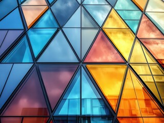 Poster - Colorful Geometric Glass Facade of Modern Building Showing Reflections and Light Patterns in Triangular Shapes and Vibrant Hues