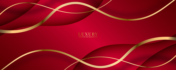 Poster - 3D red luxury abstract background overlap layer on bright space with golden lines waves decoration. Modern graphic design element cutout shape style concept for web, flyer, card, or brochure cover
