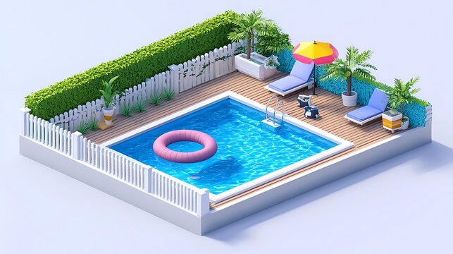 Cute isometric backyard pool scene