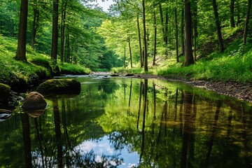 Poster - Tranquil forest scene showcasing a clear stream reflecting lush greenery and bright blue sky : Generative AI