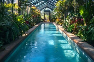 Poster - Serene indoor swimming pool embellished with greenery and colorful blooms in a glass-enclosed space : Generative AI
