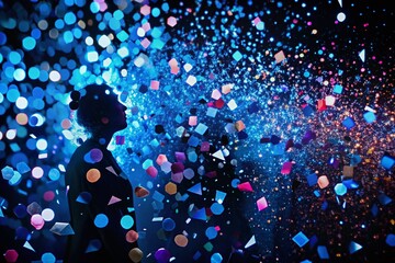 Poster - Abstract Geometric Silhouette: Blue Confetti Circles on Black Background