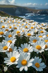 Poster - Stunning coastal view featuring vibrant daisies overlooking the ocean waves under a bright blue sky : Generative AI