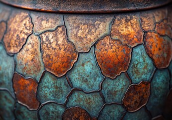Poster - Detailed Close-Up of Copper and Turquoise Decorative Pot with Unique Textures and Patterns, Perfect for Art and Design Inspiration