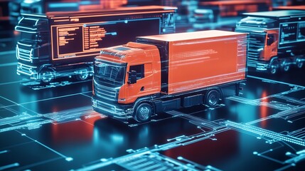Aufkleber - Futuristic 3D Rendering of Trucks on a High-Tech Network Displaying Data Analysis : Generative AI