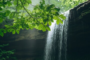 Poster - Stunning waterfall cascading down rocky cliffs surrounded by lush green foliage and sunlight filtering through leaves : Generative AI