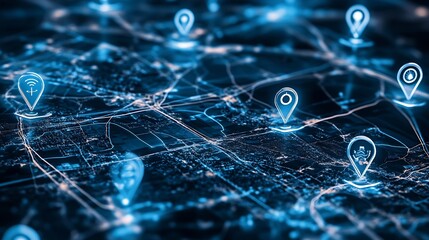 Aufkleber - High-tech digital map showcasing geolocation points in a connected city layout : Generative AI