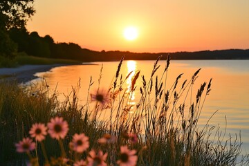 Aufkleber - Beautiful Sunset Over Calm Water With Silhouetted Flowers By the Shore and Reflective Sky : Generative AI