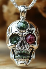 Poster - Intricate Silver Skull Pendant with Colorful Gems Showing Elegant Design and Craftsmanship : Generative AI