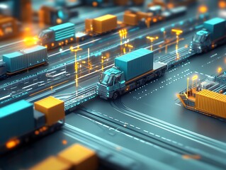 Aufkleber - Aerial view of a bustling cargo transport hub with trucks and containers in a modern digital design : Generative AI