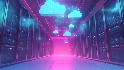 Leinwandbilder - Vibrant cloud shapes illuminating a data center hallway representing innovation in cloud technology and digital storage : Generative AI