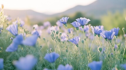 Poster - Delicate Blue Wildflowers Blooming in a Sunlit Field Surrounded by Mountains in the Background : Generative AI