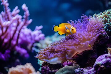 Aufkleber - Vibrant clownfish swimming among colorful coral in a lush underwater scene : Generative AI