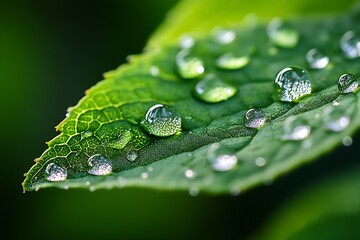 Aufkleber - Close up view of fresh green leaf glistening with dew drops in bright daylight conditions : Generative AI