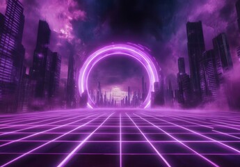Poster - Futuristic city landscape with neon lights, clouds, and glowing circular portal in a cyberpunk style at dusk