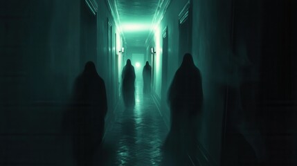 Poster - Dark corridor filled with ghostly figures and eerie light creating a chilling atmosphere of horror and suspense