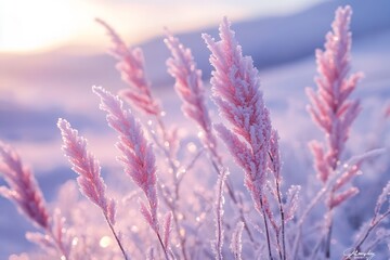Aufkleber - Elegant frost-kissed pink grass swaying gently in the light of a beautiful winter sunset : Generative AI