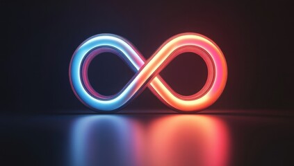 Poster - Futuristic Neon Infinity Symbol Glowing in Blue and Red with Reflective Surface on Dark Background for Abstract Designs and Creative Concepts