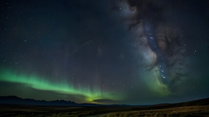 Wall Mural - A starry night sky with auroras and faint blue light illuminating the horizon