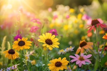 Poster - Bright and colorful wildflowers blooming in a sunny meadow filled with vibrant hues : Generative AI