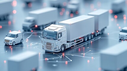 Poster - Stylized representation of a large truck navigating a network of delivery routes with small vehicles on a digital platform : Generative AI