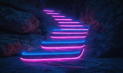 Fototapete - Futuristic Neon Staircase in a Dark Cave, Vibrant Pink and Blue Light Illuminating Stone Steps, Dreamlike Ambient Atmosphere for Creative Projects