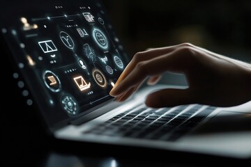Fototapete - Close up of hand using laptop with futuristic interface displaying digital icons and data : Generative AI