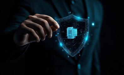 Poster - Business Executive Holding Digital Shield with Documents on Screen : Generative AI