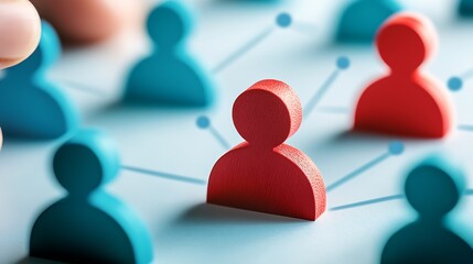 Poster - Colorful network of wooden figures on a soft surface representing social connections and interactions : Generative AI