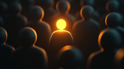 Aufkleber - Illuminated figure standing out in a crowd symbolizing leadership and individuality in a dark setting : Generative AI