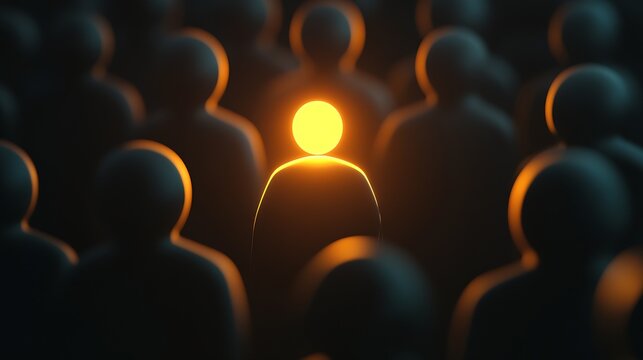 Illuminated figure standing out in a crowd symbolizing leadership and individuality in a dark setting : Generative AI