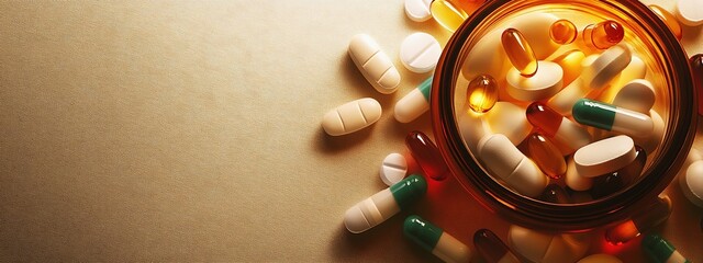 Poster - Diverse range of pills and capsules artistically arranged around a glass jar on a neutral backdrop : Generative AI