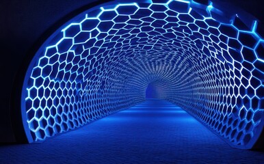 Poster - Futuristic tunnel design with glowing blue hexagonal patterns, modern architecture, abstract geometry, illuminated passageway in urban setting