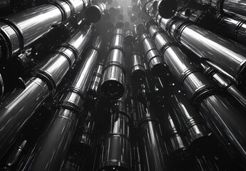 Poster - Futuristic Vertical Pipeline Structure with Reflective Surfaces and Dramatic Lighting Creating an Abstract Industrial Atmosphere in Black and White