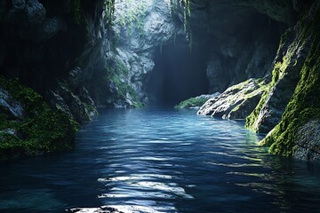 Aufkleber - Mysterious deep cave water scene with sunlight illuminating the rocky surfaces and mossy edges : Generative AI