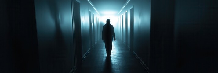 Poster - Dark corridor filled with eerie ghostly figures and flickering lights creates cinematic horror atmosphere