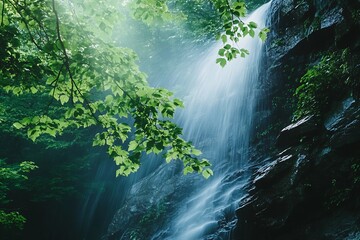 Poster - Majestic waterfall flowing over rocks surrounded by vibrant green leaves under soft sunlight in a serene landscape : Generative AI