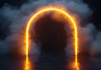 Poster - Glowing neon archway in a dark, misty atmosphere creating a surreal and mystical ambiance ideal for fantasy and futuristic themes